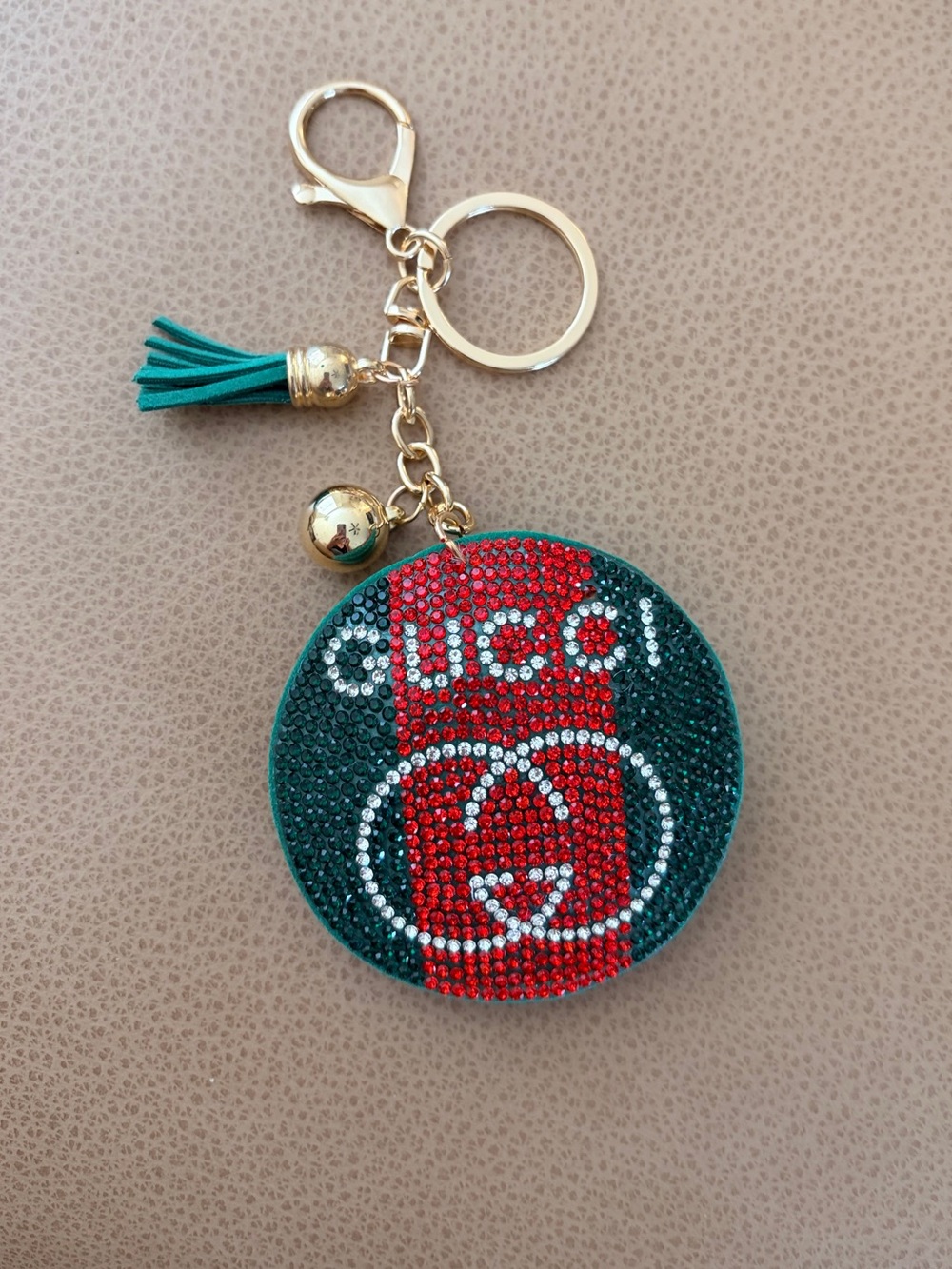 Bling Green & Red Crystal Round Keychain with Tassel